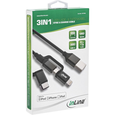 1,5m 3-in1 USB Kabel Micro-USB Lightning USB-C