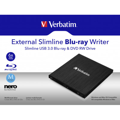 Verbatim External Slimline Blu-ray Writer, USB 3.0